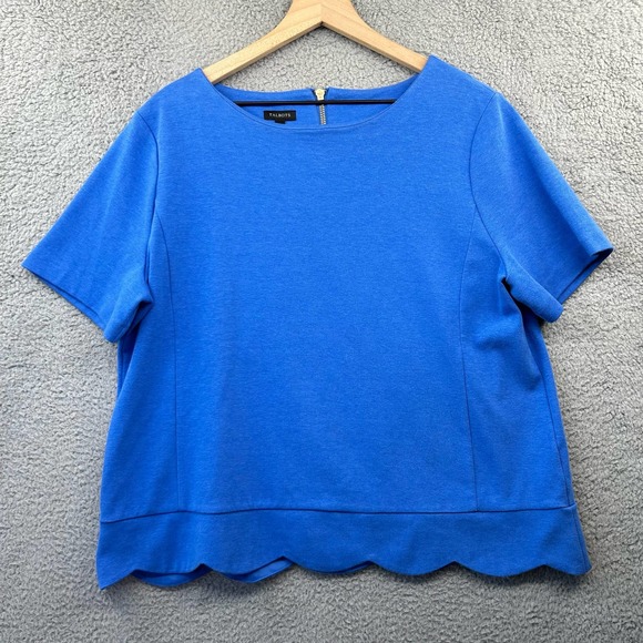Talbots Tops - TALBOTS Womens Knit Short Sleeve Top XL Blue Scalloped Hem Classic Zipper Detail